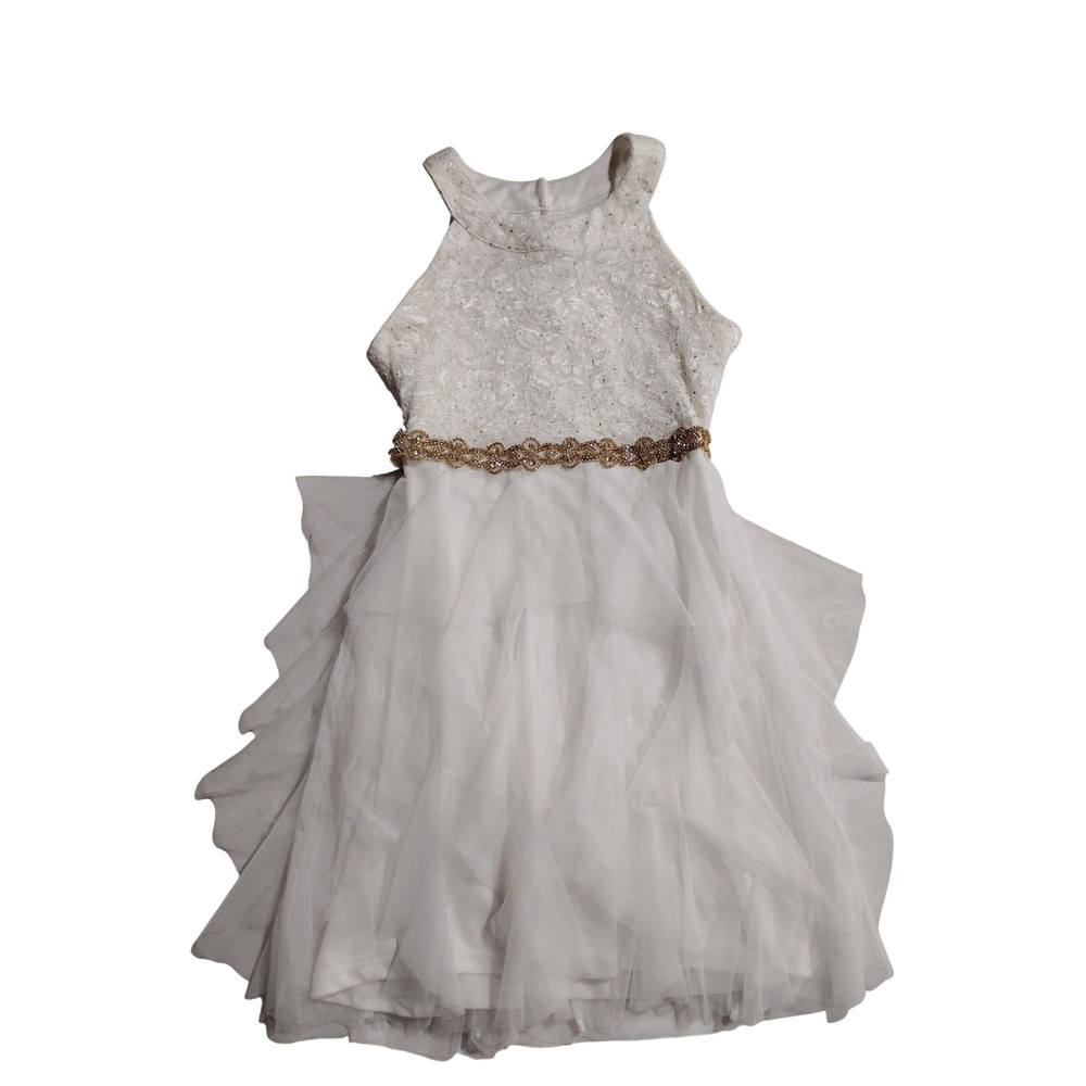 My Michelle Girls White Lace‎ Tulle Dress Gold Rhinestone Waist Size 10 Formal